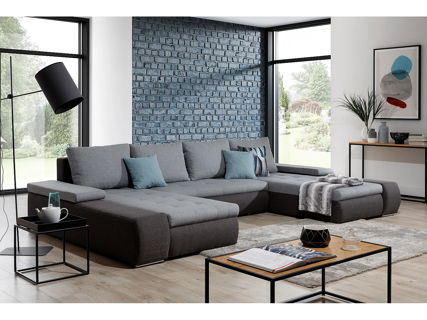 Grand canapé convertible panoramique design tissu gris clair chiné et simili cuir blanc avec coffre de rangement Tino 363cm