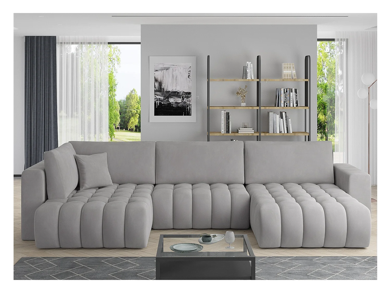 Panoramische converteerbare designbank gecapitonneerd in lichtgrijze stof rechts chaise longue Boston 350 cm