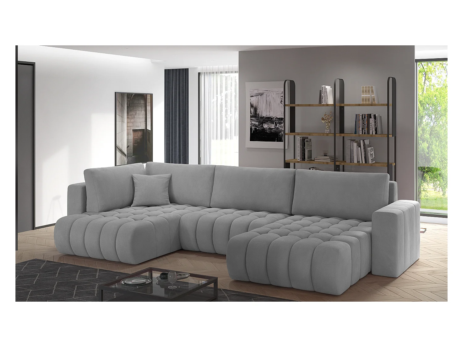 Panoramische converteerbare designbank gecapitonneerd in lichtgrijze stof rechts chaise longue Boston 350 cm