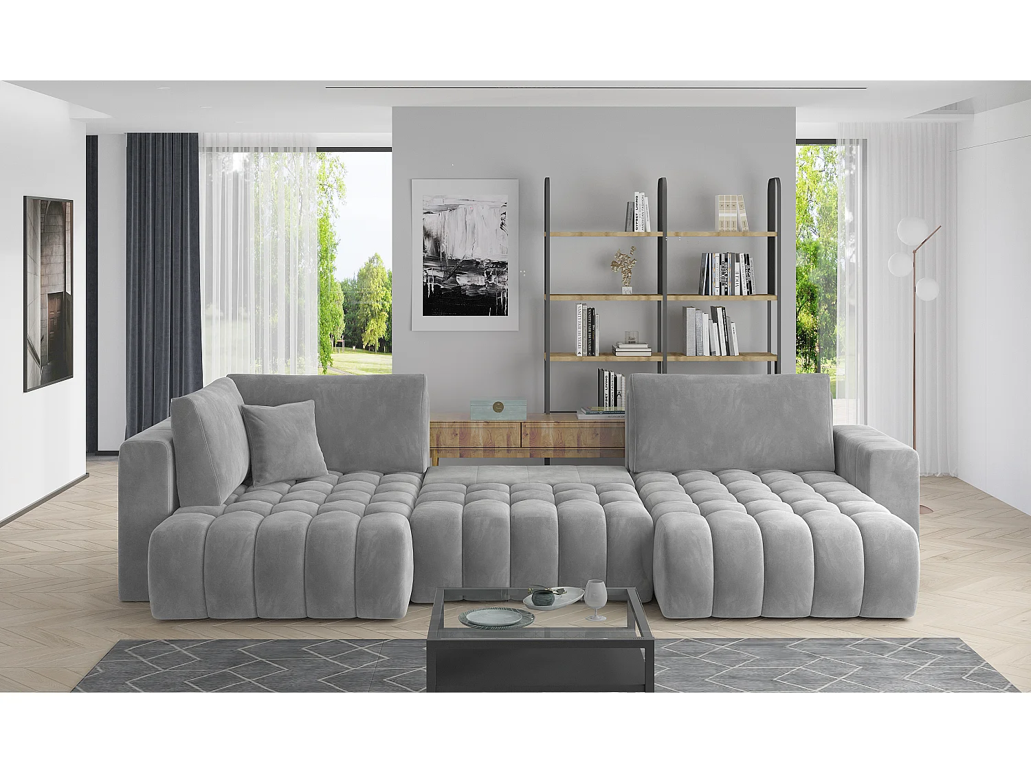 Canapé panoramique convertible design capitonné tissu gris clair méridienne droite Boston 350cm