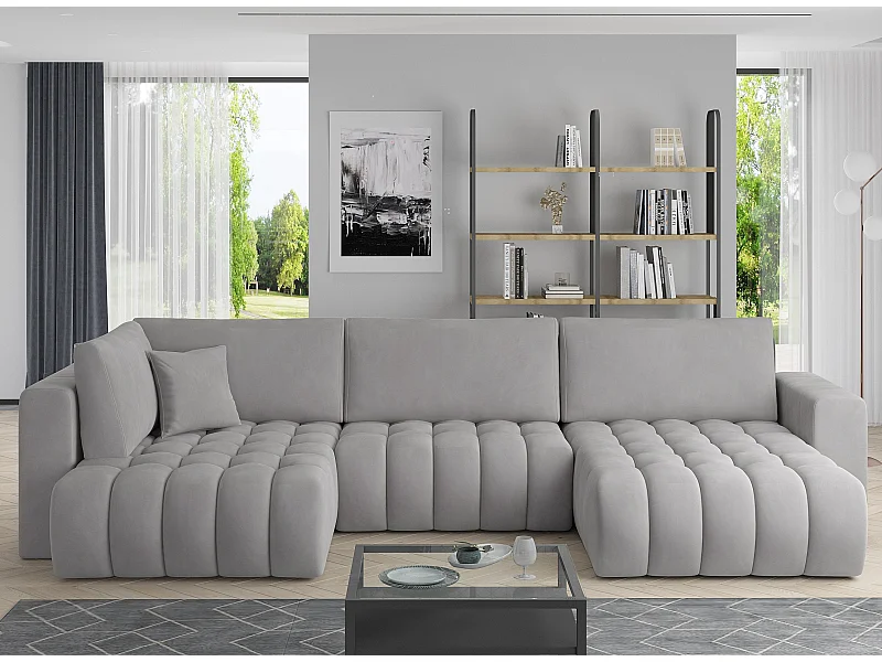 Canapé panoramique convertible design capitonné tissu gris clair méridienne droite Boston 350cm