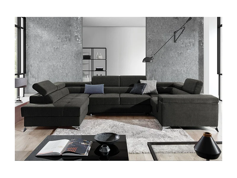 Canapé panoramique convertible tissu anthracite avec coffre de rangement Triano 342cm-Coffre de rangement à gauche