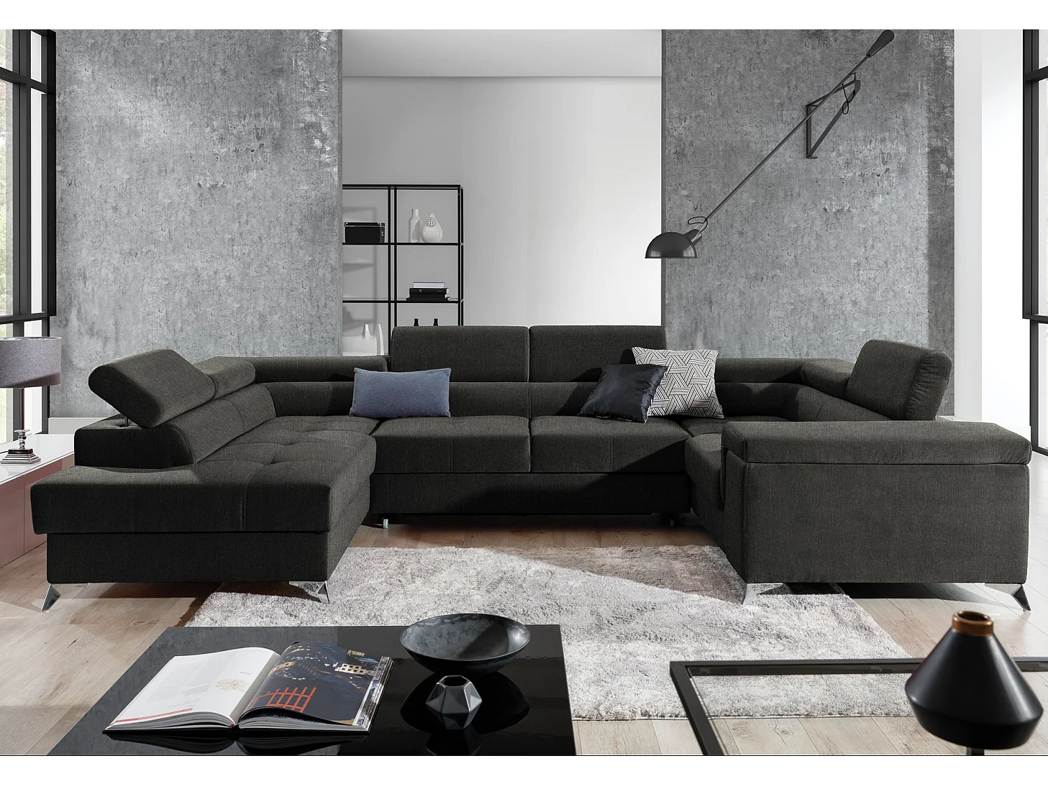 Canapé panoramique convertible tissu anthracite avec coffre de rangement Triano 342cm-Coffre de rangement à gauche