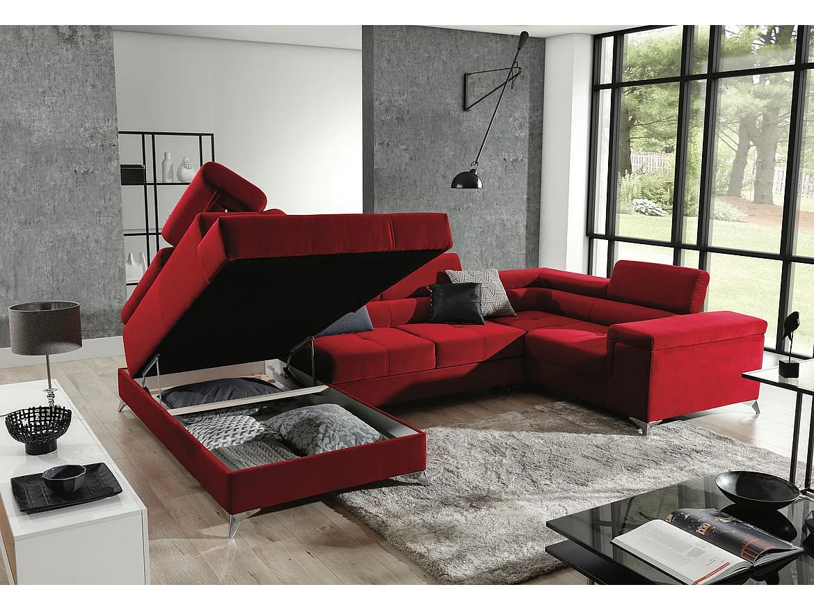 Canapé panoramique convertible tissu anthracite avec coffre de rangement Triano 342cm-Coffre de rangement à gauche