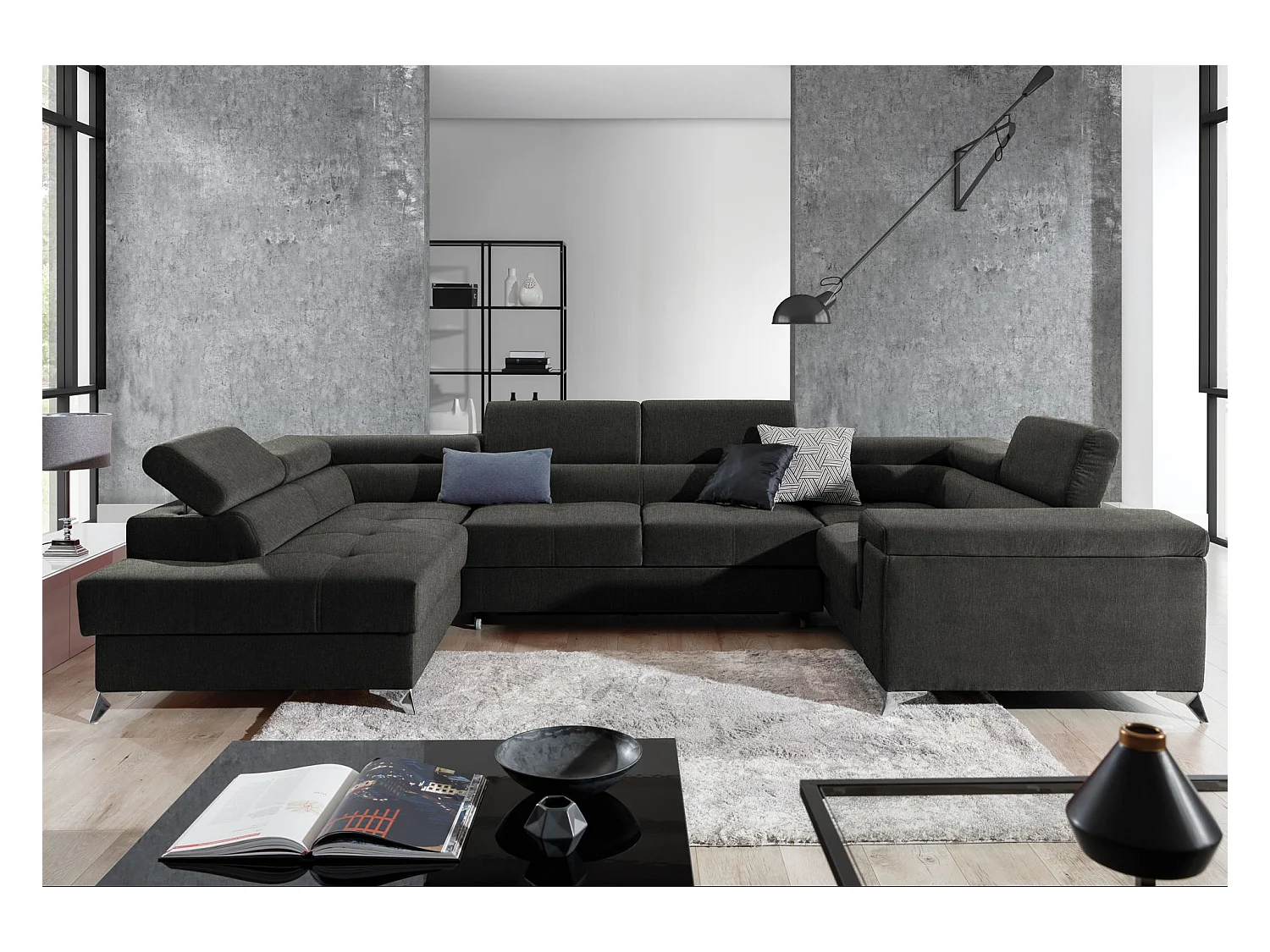 Canapé panoramique convertible tissu anthracite avec coffre de rangement Triano 342cm-Coffre de rangement à gauche