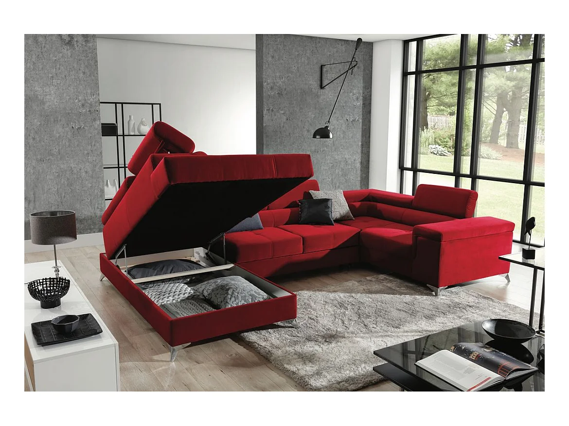 Canapé panoramique convertible tissu anthracite avec coffre de rangement Triano 342cm-Coffre de rangement à gauche