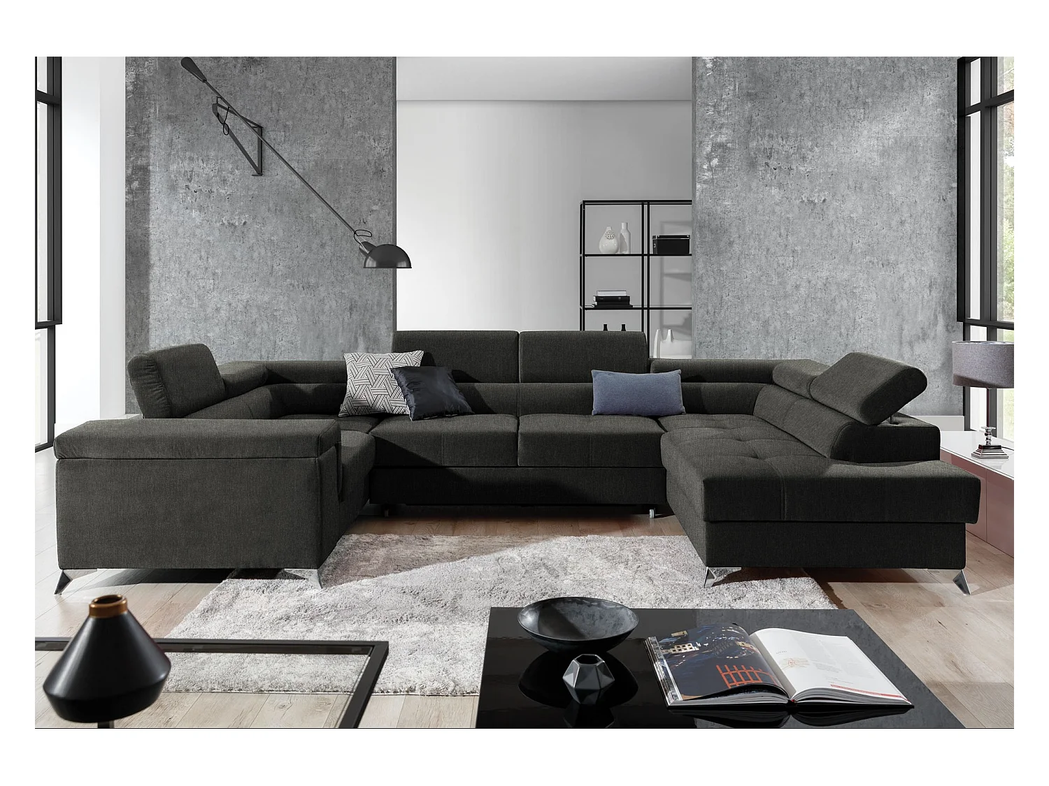Canapé panoramique convertible tissu anthracite avec coffre de rangement Triano 342cm-Coffre de rangement à gauche