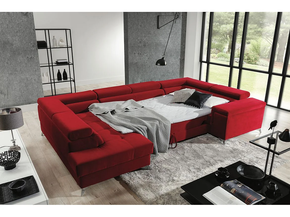 Canapé panoramique convertible tissu anthracite avec coffre de rangement Triano 342cm-Coffre de rangement à gauche