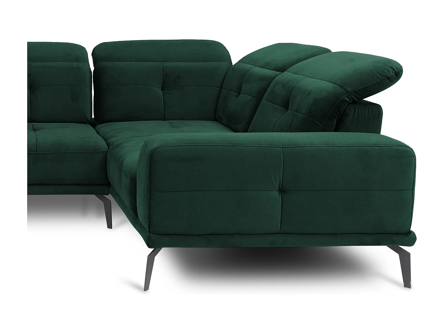 Canapé panoramique design velours vert foncé têtières angle droit avec accoudoir Stan 350cm