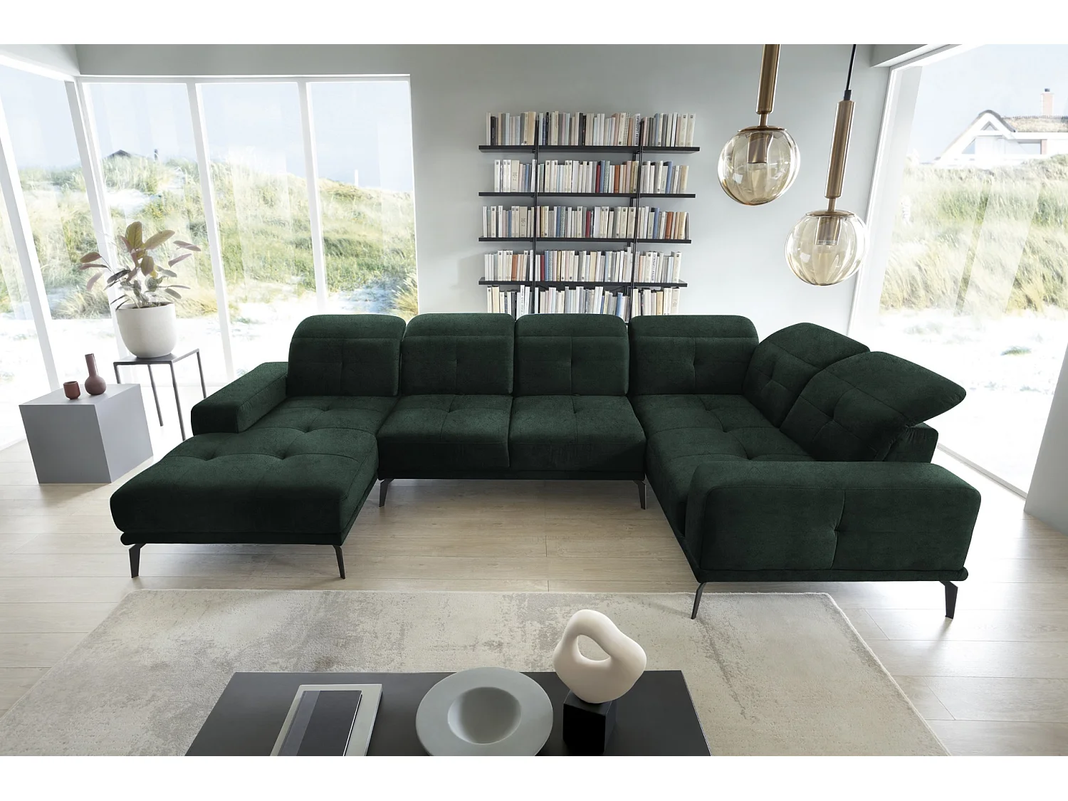 Canapé panoramique design velours vert foncé têtières angle droit avec accoudoir Stan 350cm