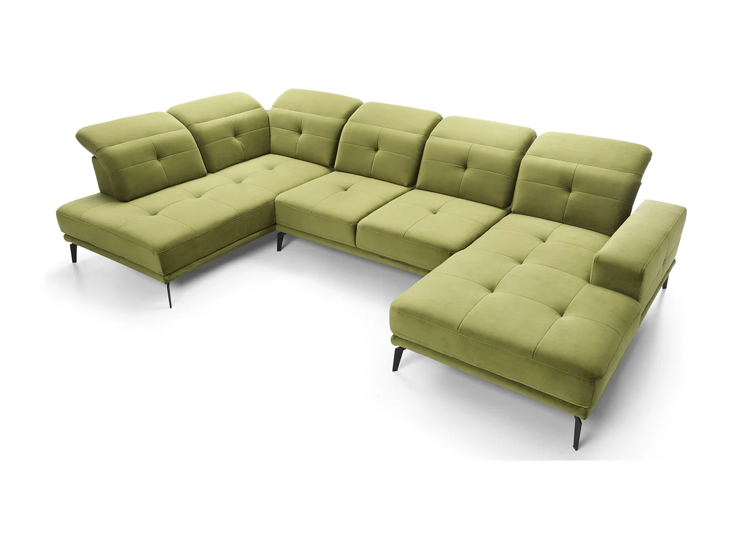 Canapé panoramique moderne tissu beige foncé têtières angle gauche Versus 350cm