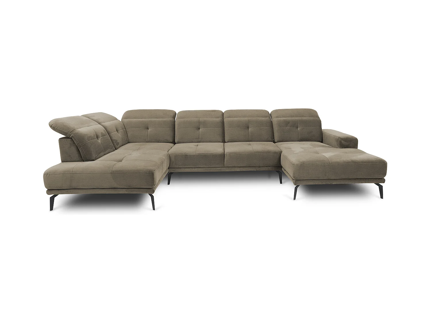 Canapé panoramique moderne tissu beige foncé têtières angle gauche Versus 350cm