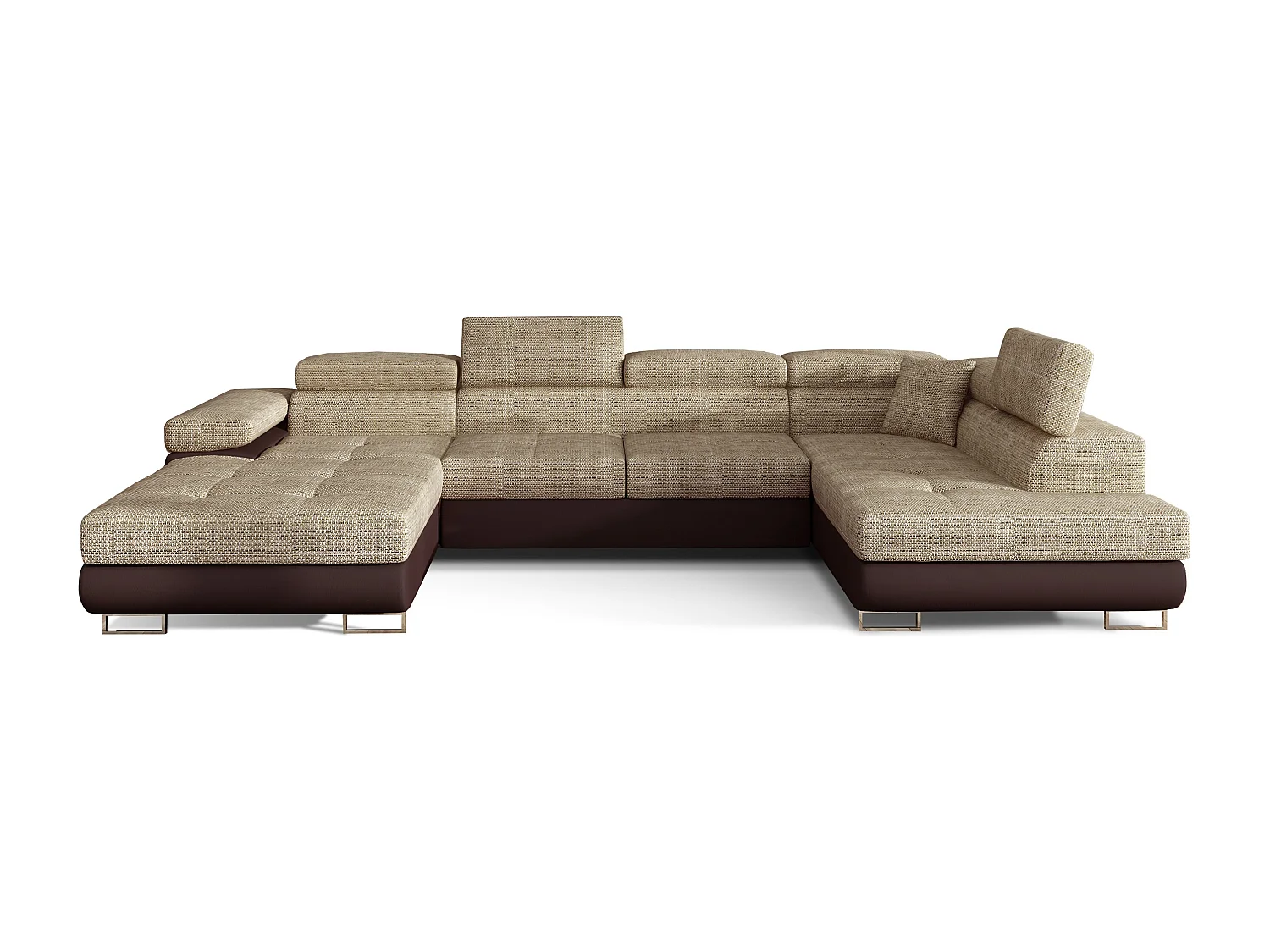 Canapé panoramique tissu beige clair chiné et simili cuir marron convertible avec coffre de rangement Romano 345cm-Coffre de rangement à droite