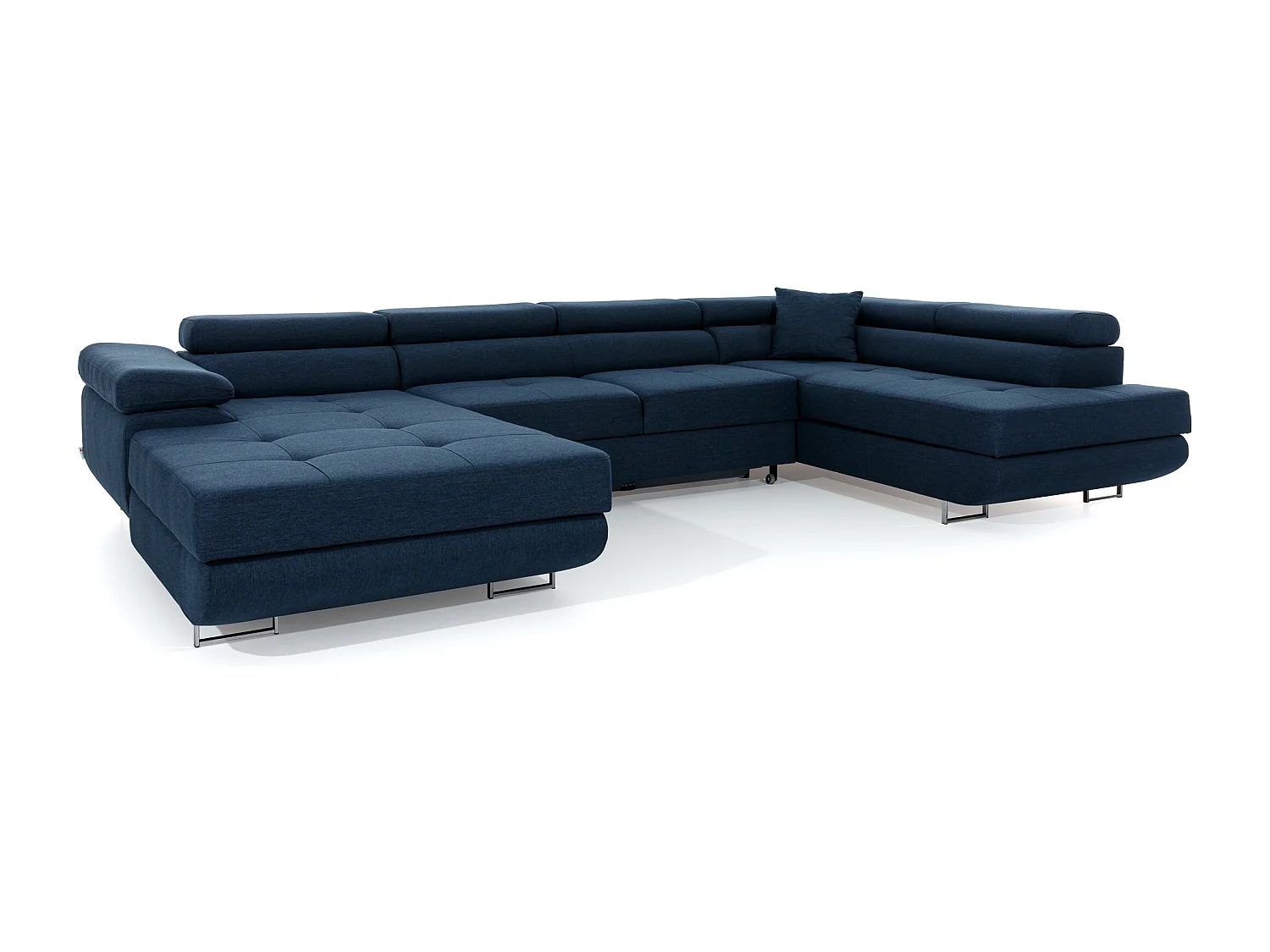 Canapé panoramique tissu beige clair chiné et simili cuir marron convertible avec coffre de rangement Romano 345cm-Coffre de rangement à droite