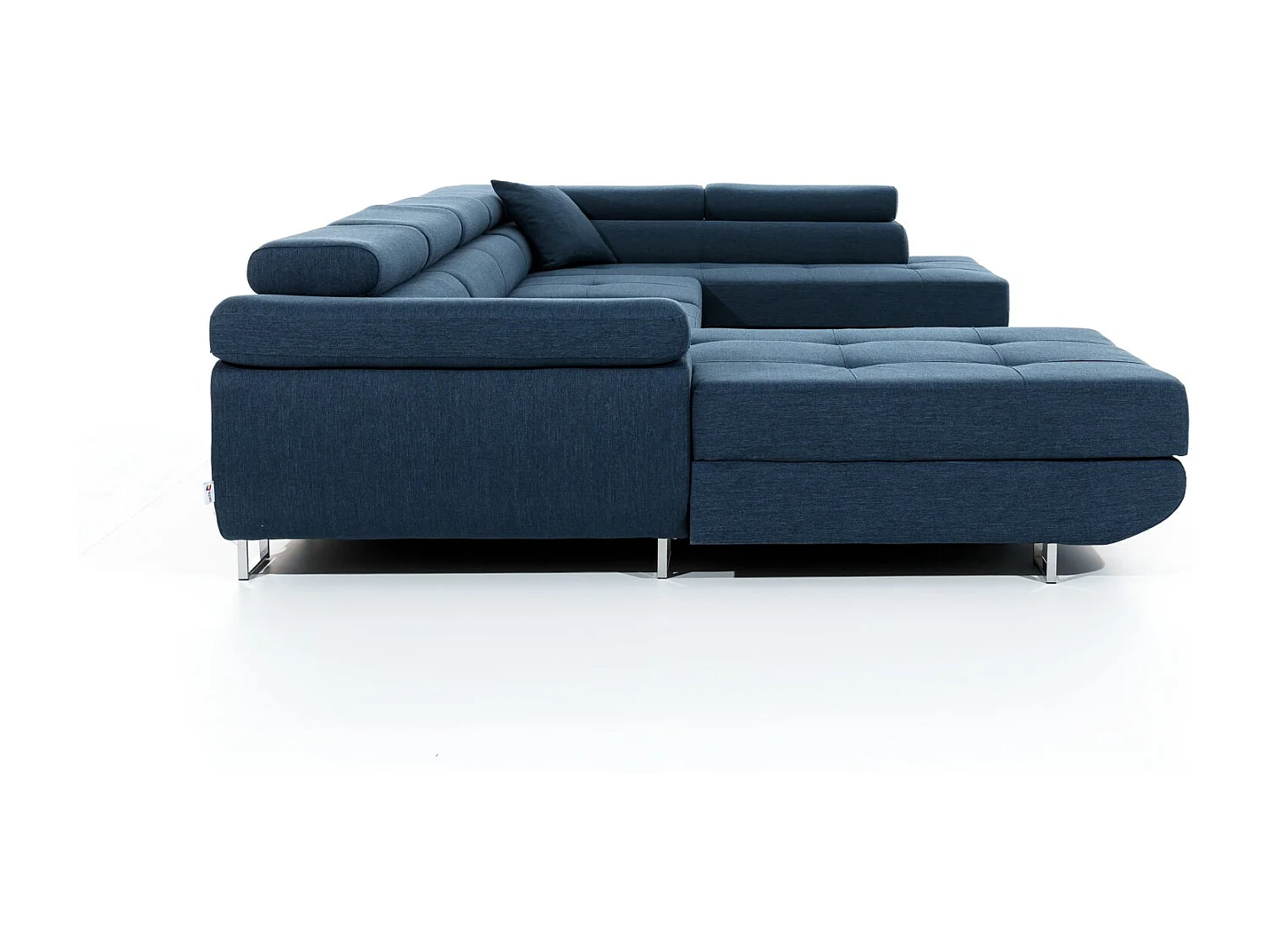 Canapé panoramique tissu beige clair chiné et simili cuir marron convertible avec coffre de rangement Romano 345cm-Coffre de rangement à droite