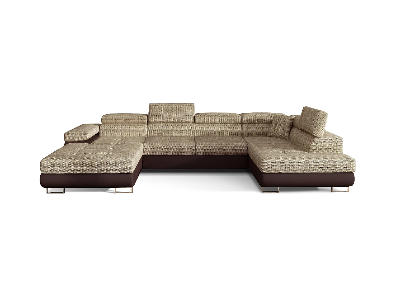 Canapé panoramique tissu beige clair chiné et simili cuir marron convertible avec coffre de rangement Romano 345cm-Coffre de rangement à droite