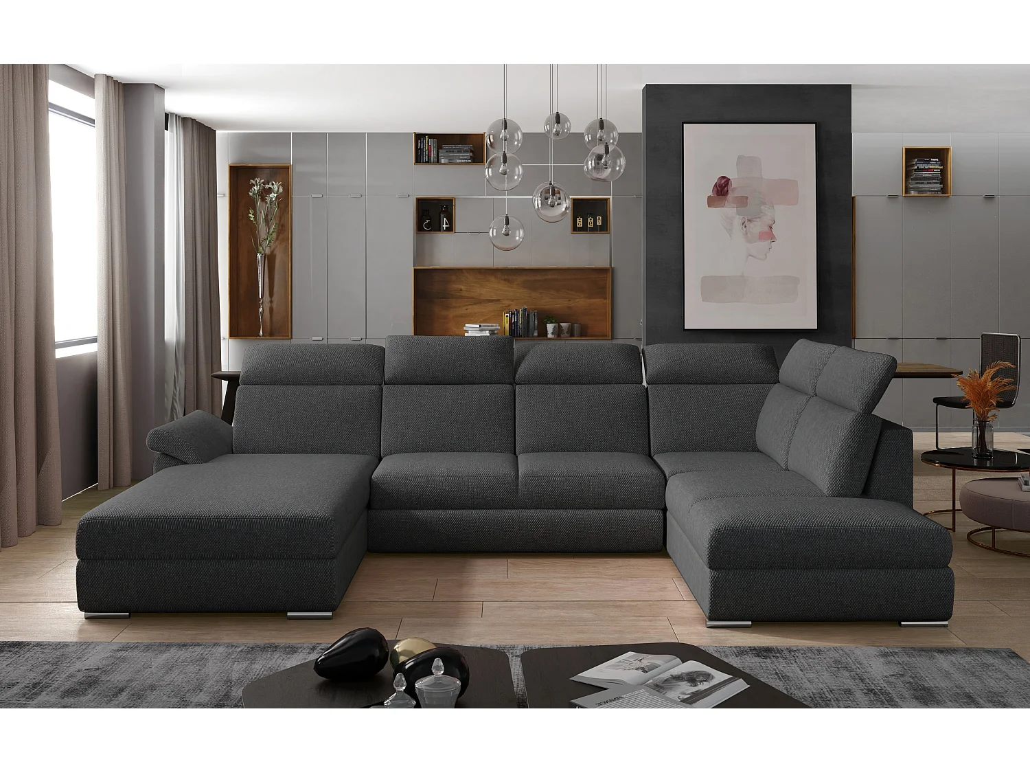 Panoramische slaapbank in donkergrijze stoffen opbergbox links Levano 330 cm