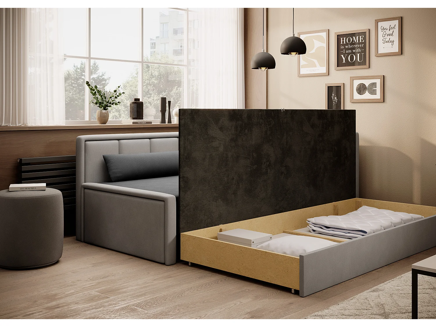 Canapé banquette convertible 3 places tissu doux Figo 214cm-Couleur Beige clair-angle droit