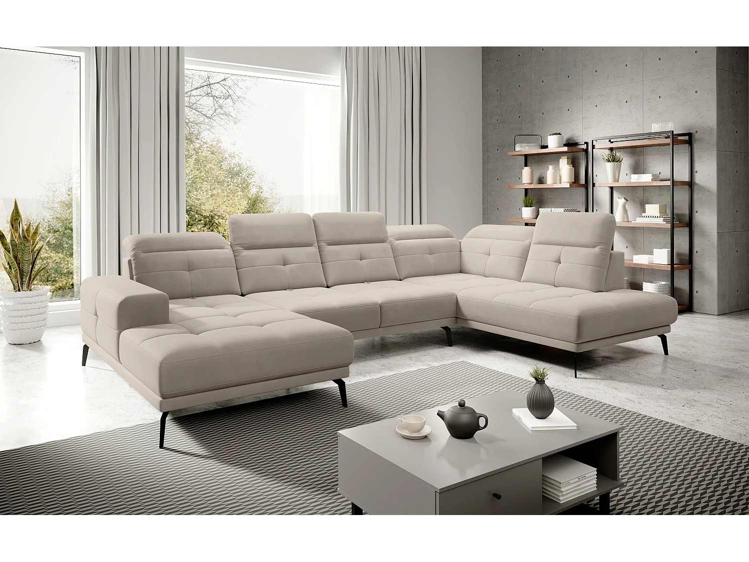 Moderne panoramische bank beige fluwelen hoofdsteunen haaks Versus 350 cm