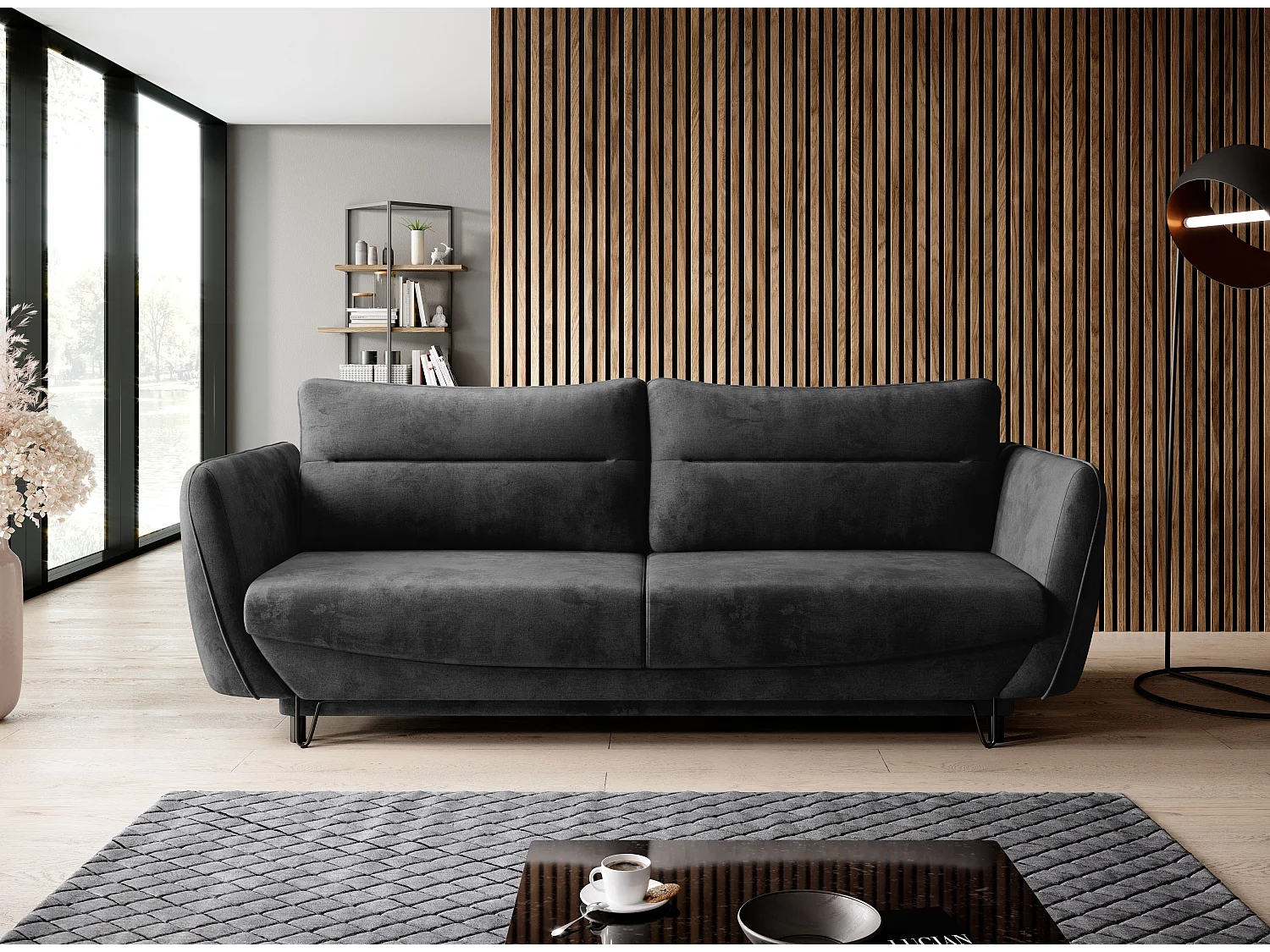 Canapé droit convertible velours ZURIK - Coffre de rangement et pieds métal noir-Gris anthracite