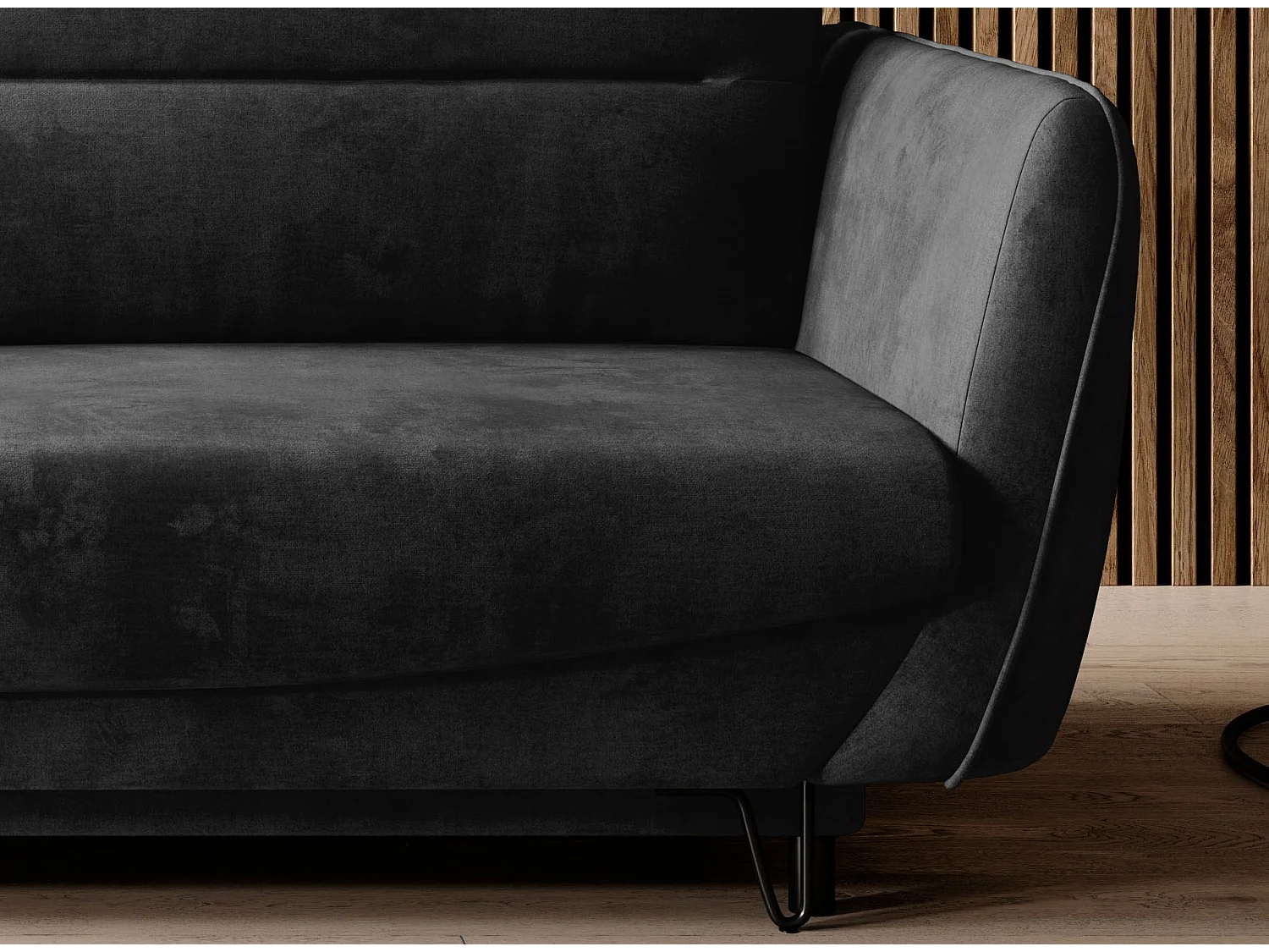 Canapé droit convertible velours ZURIK - Coffre de rangement et pieds métal noir-Gris anthracite