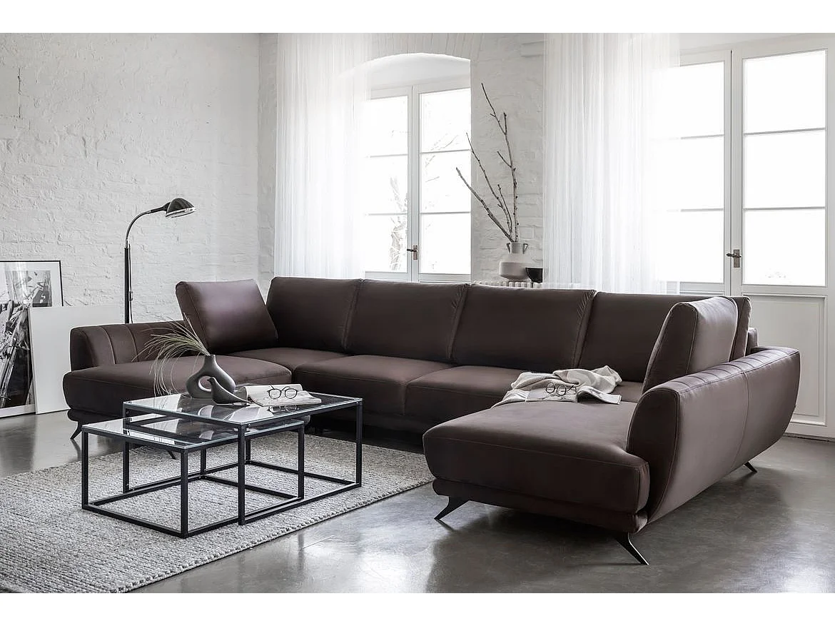 Canapé d'angle panoramique 6 places tissu beige clair Largos 362cm