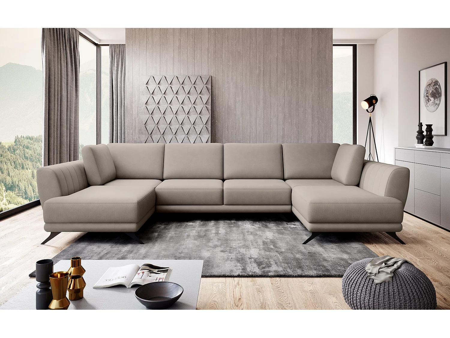 Canapé d'angle panoramique 6 places tissu beige clair Largos 362cm