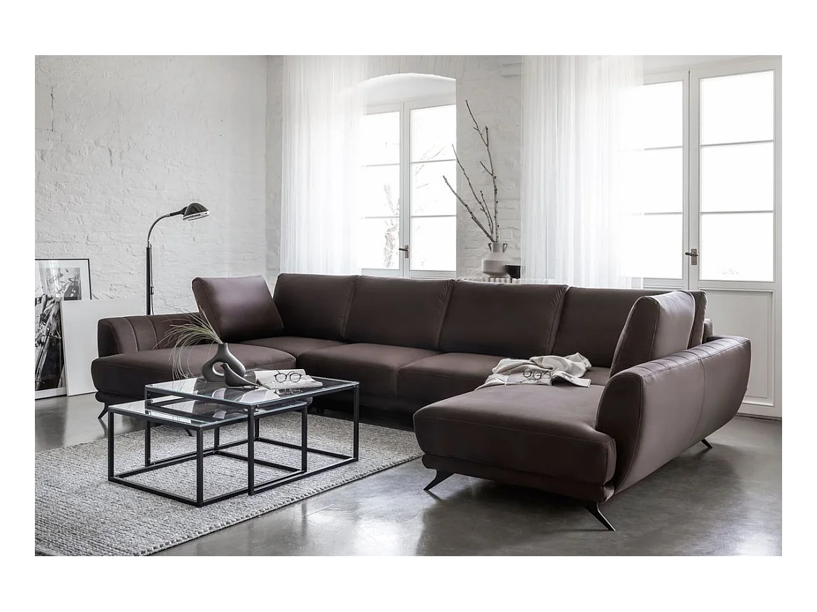 Canapé d'angle panoramique 6 places tissu beige clair Largos 362cm