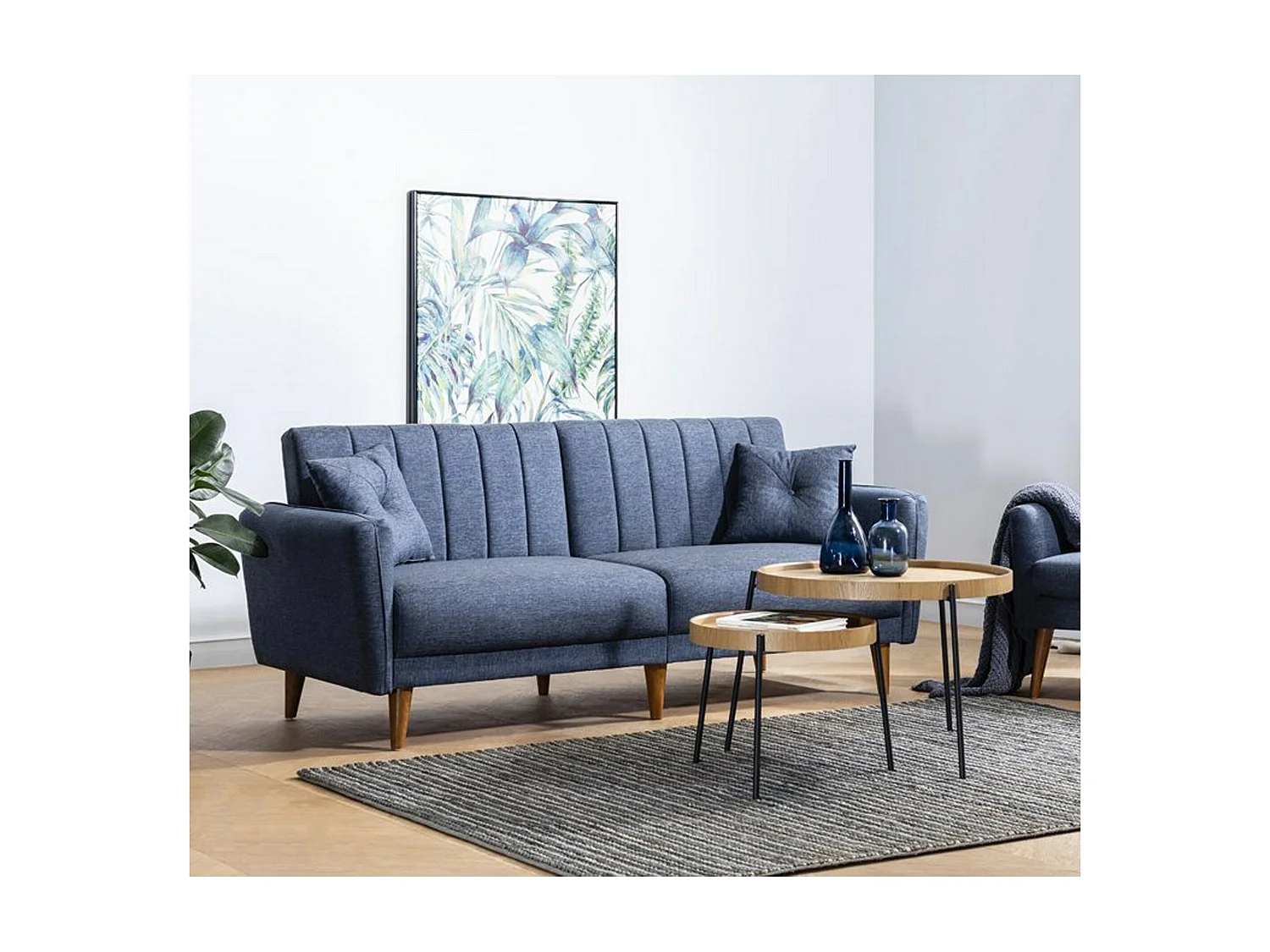 3-zits slaapbank in denimblauwe linnenstof en natuurlijke Shekal houten poten, 210 cm