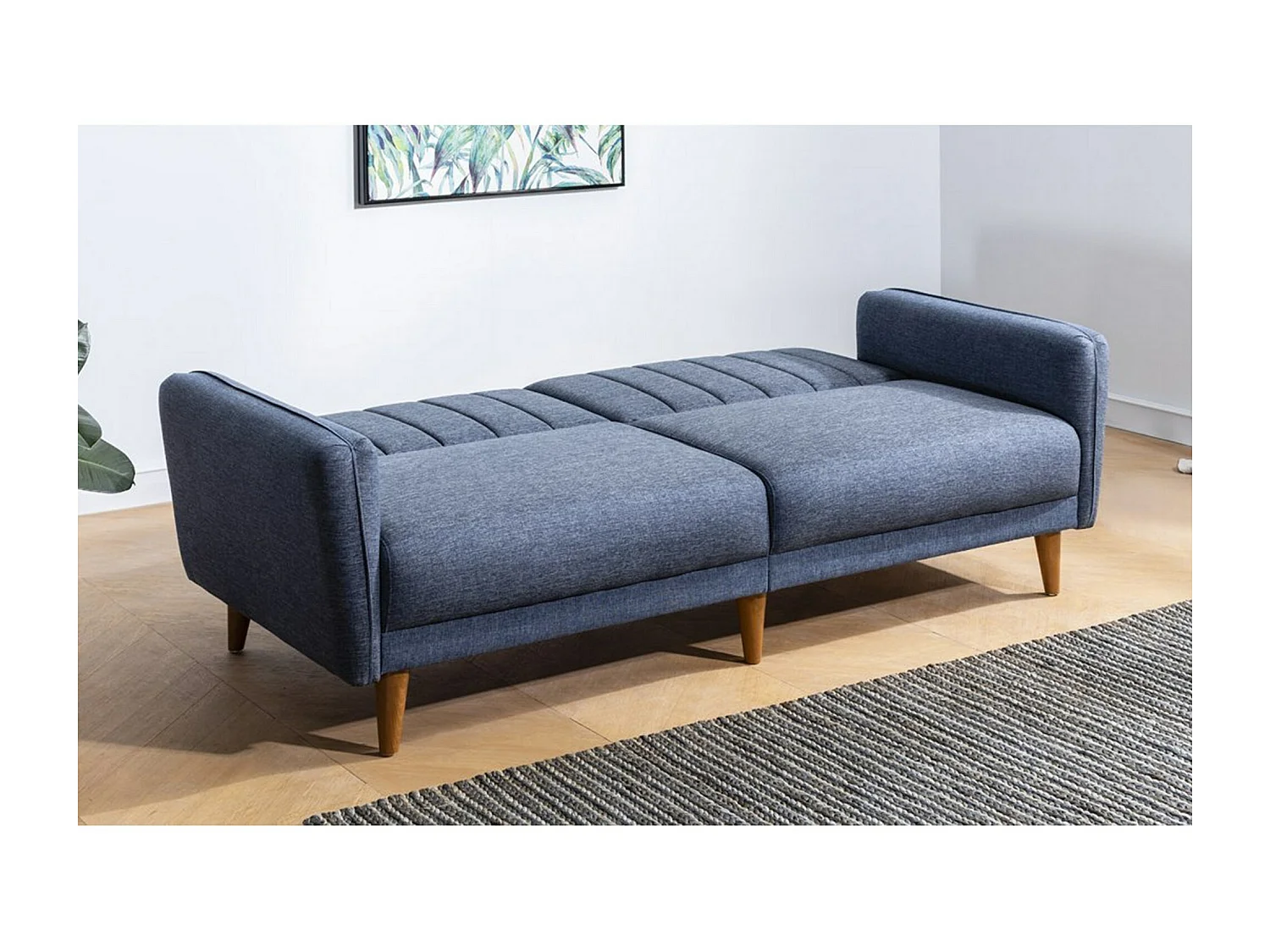 3-zits slaapbank in denimblauwe linnenstof en natuurlijke Shekal houten poten, 210 cm