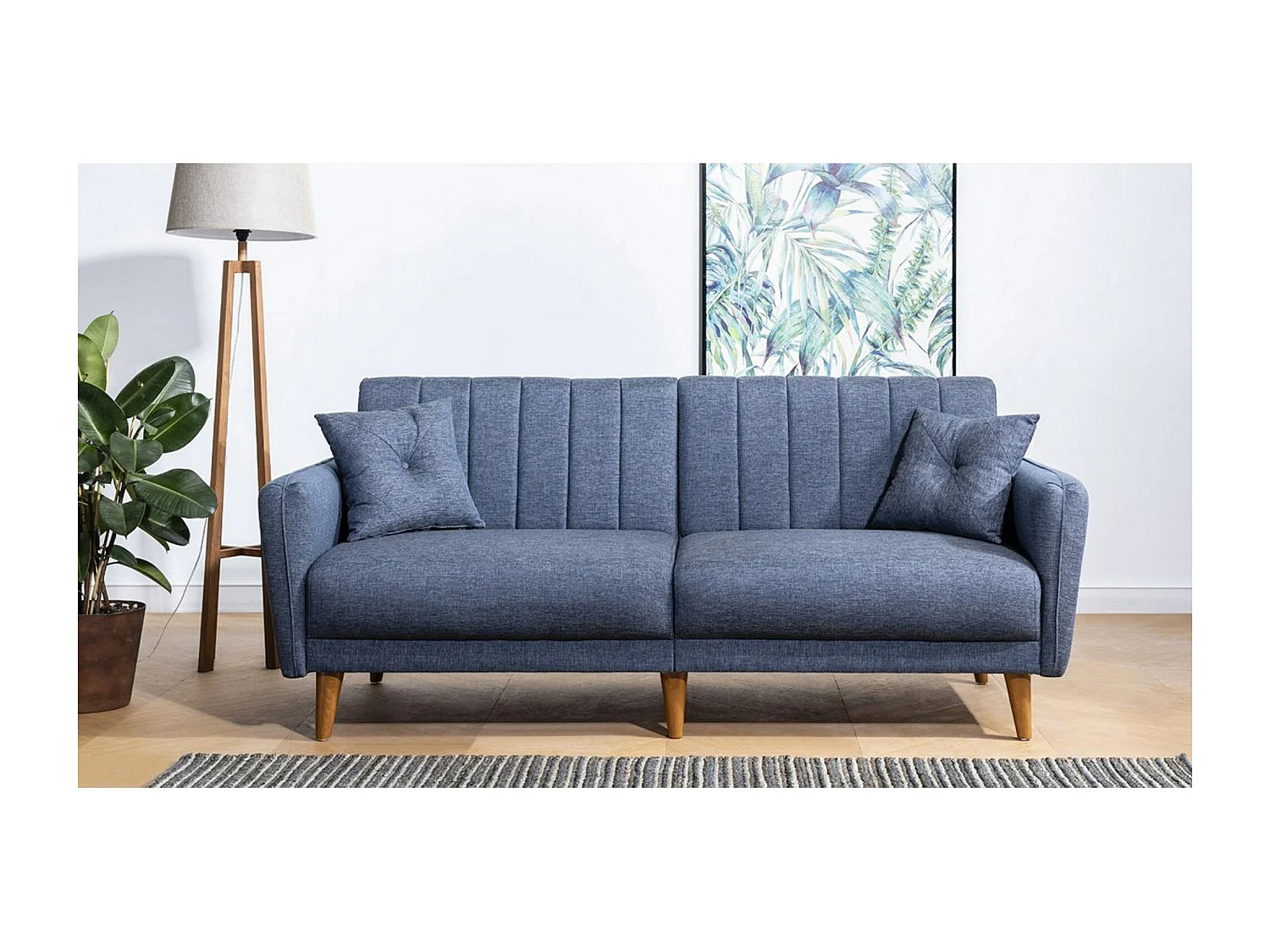 3-zits slaapbank in denimblauwe linnenstof en natuurlijke Shekal houten poten, 210 cm