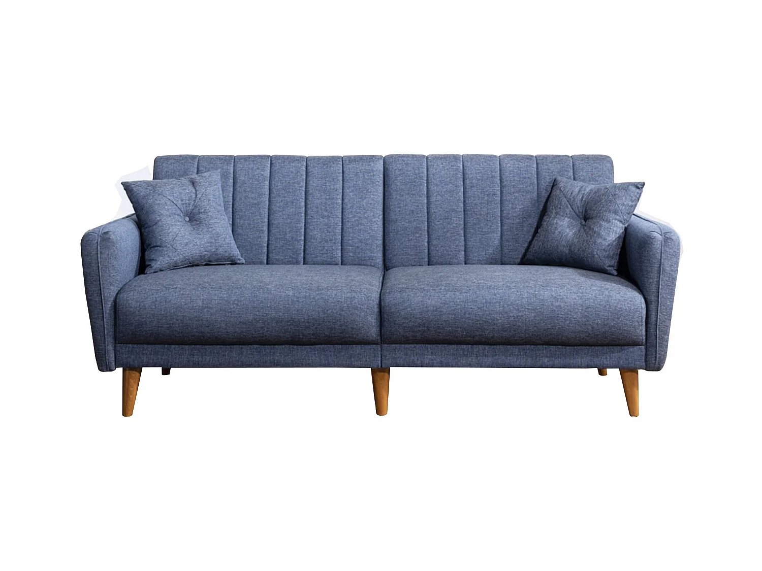 Canapé lit 3 places tissu lin bleu jean et pieds bois naturel Shekal 210cm