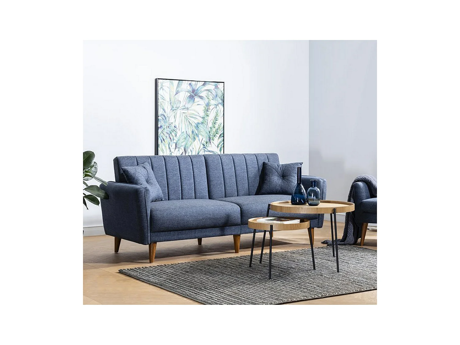 Canapé lit 3 places tissu lin bleu jean et pieds bois naturel Shekal 210cm