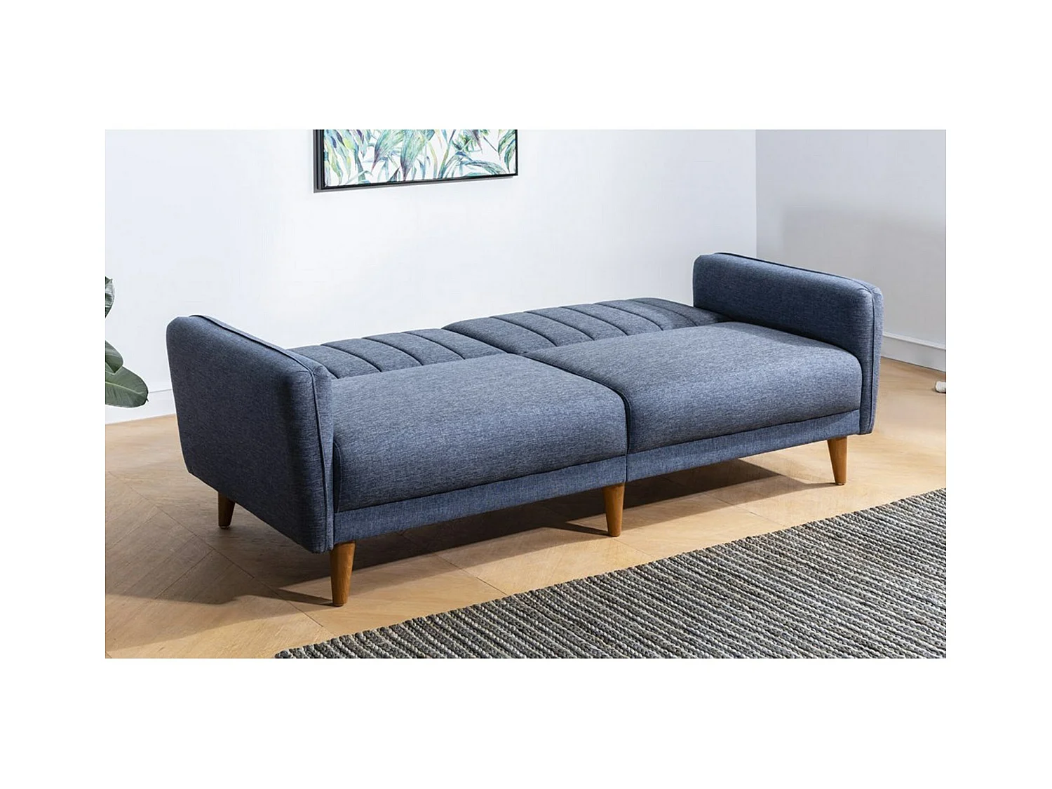 Canapé lit 3 places tissu lin bleu jean et pieds bois naturel Shekal 210cm