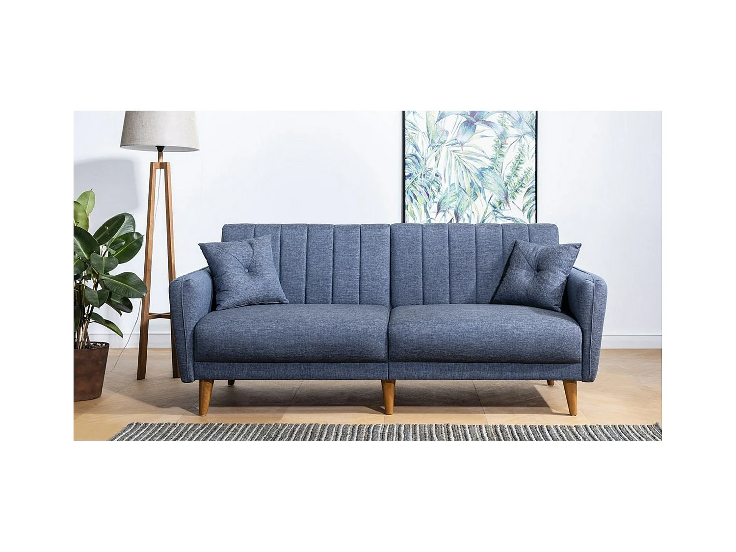 Canapé lit 3 places tissu lin bleu jean et pieds bois naturel Shekal 210cm