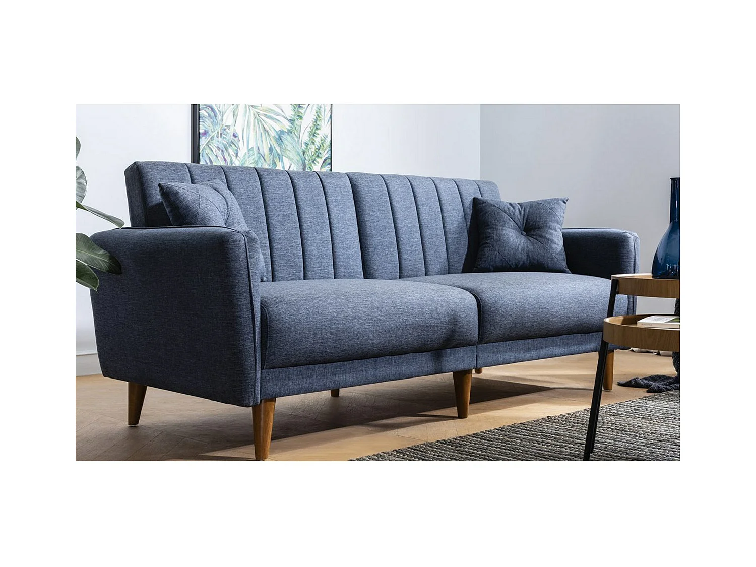 Canapé lit 3 places tissu lin bleu jean et pieds bois naturel Shekal 210cm