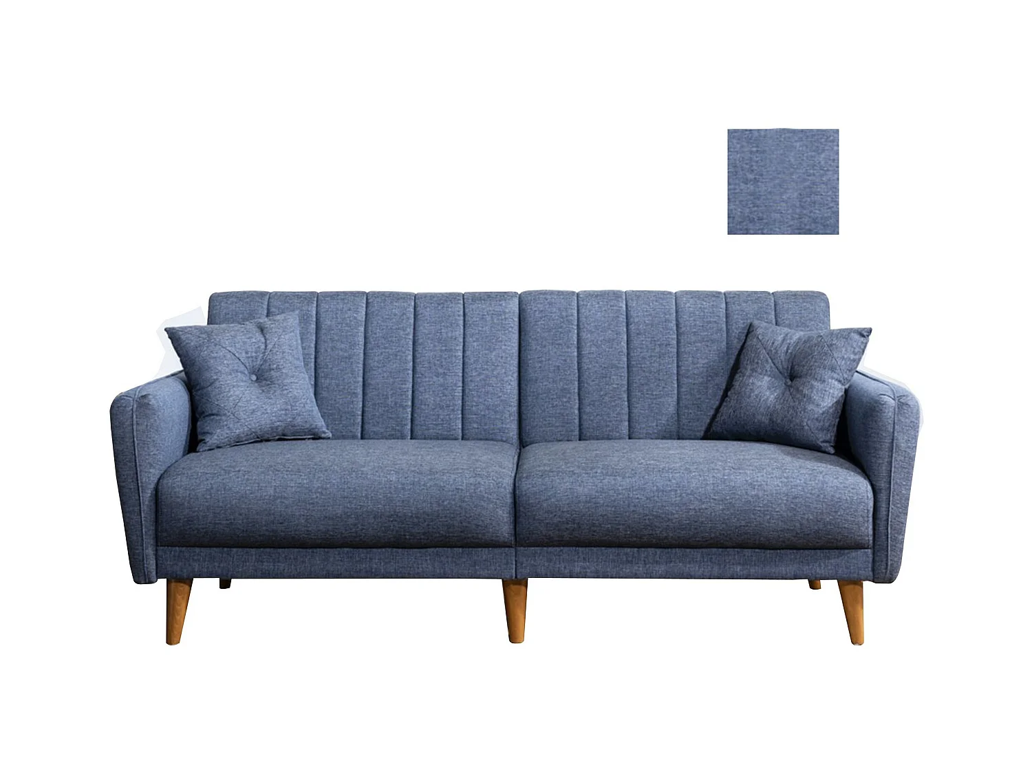 Canapé lit 3 places tissu lin bleu jean et pieds bois naturel Shekal 210cm