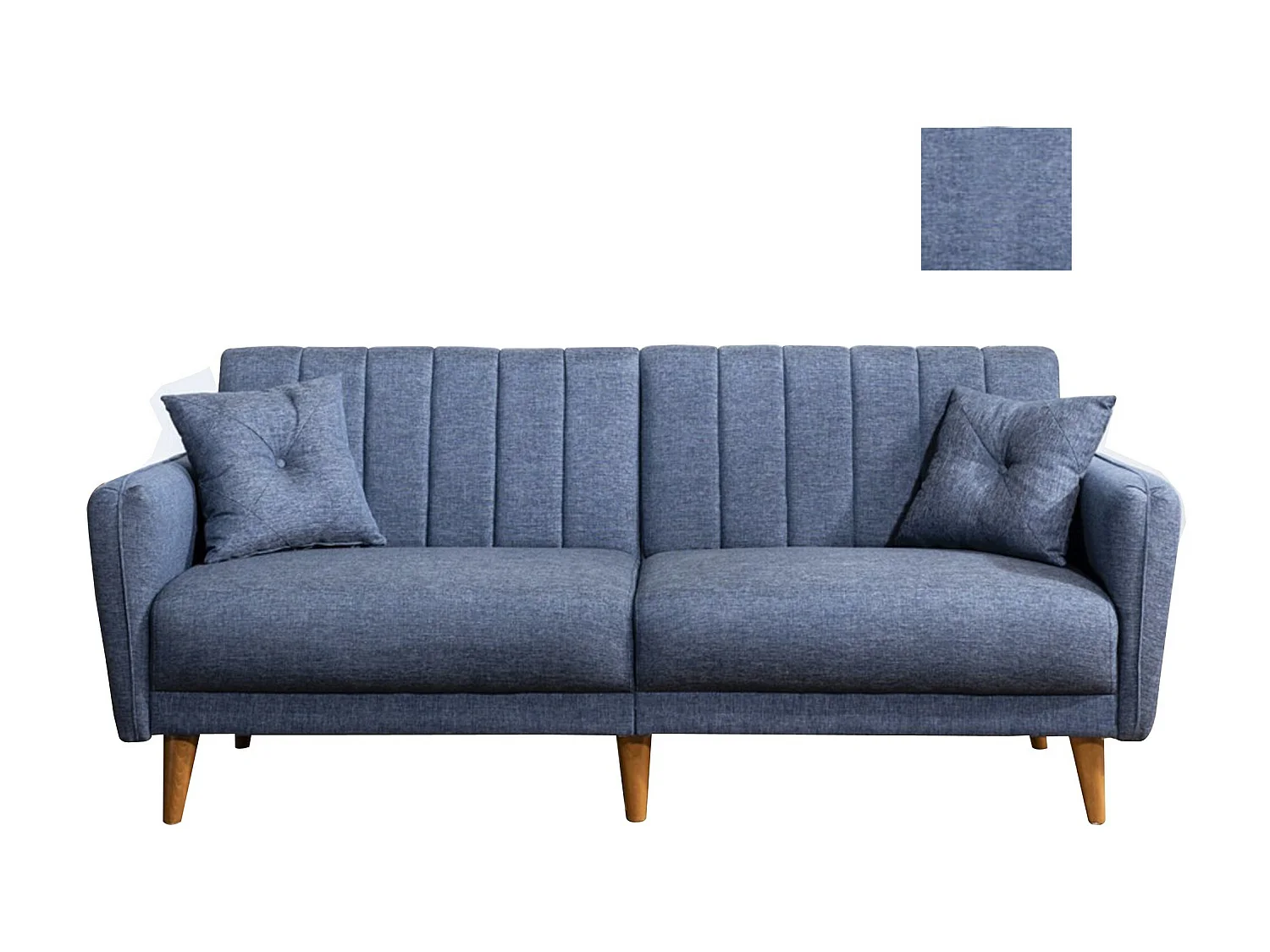 3-zits slaapbank in denimblauwe linnenstof en natuurlijke Shekal houten poten, 210 cm