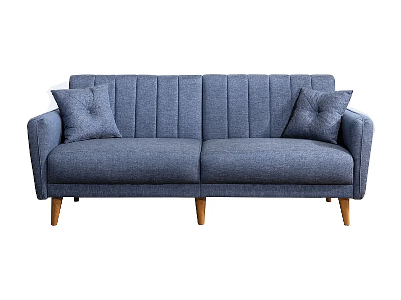 Canapé lit 3 places tissu lin bleu jean et pieds bois naturel Shekal 210cm