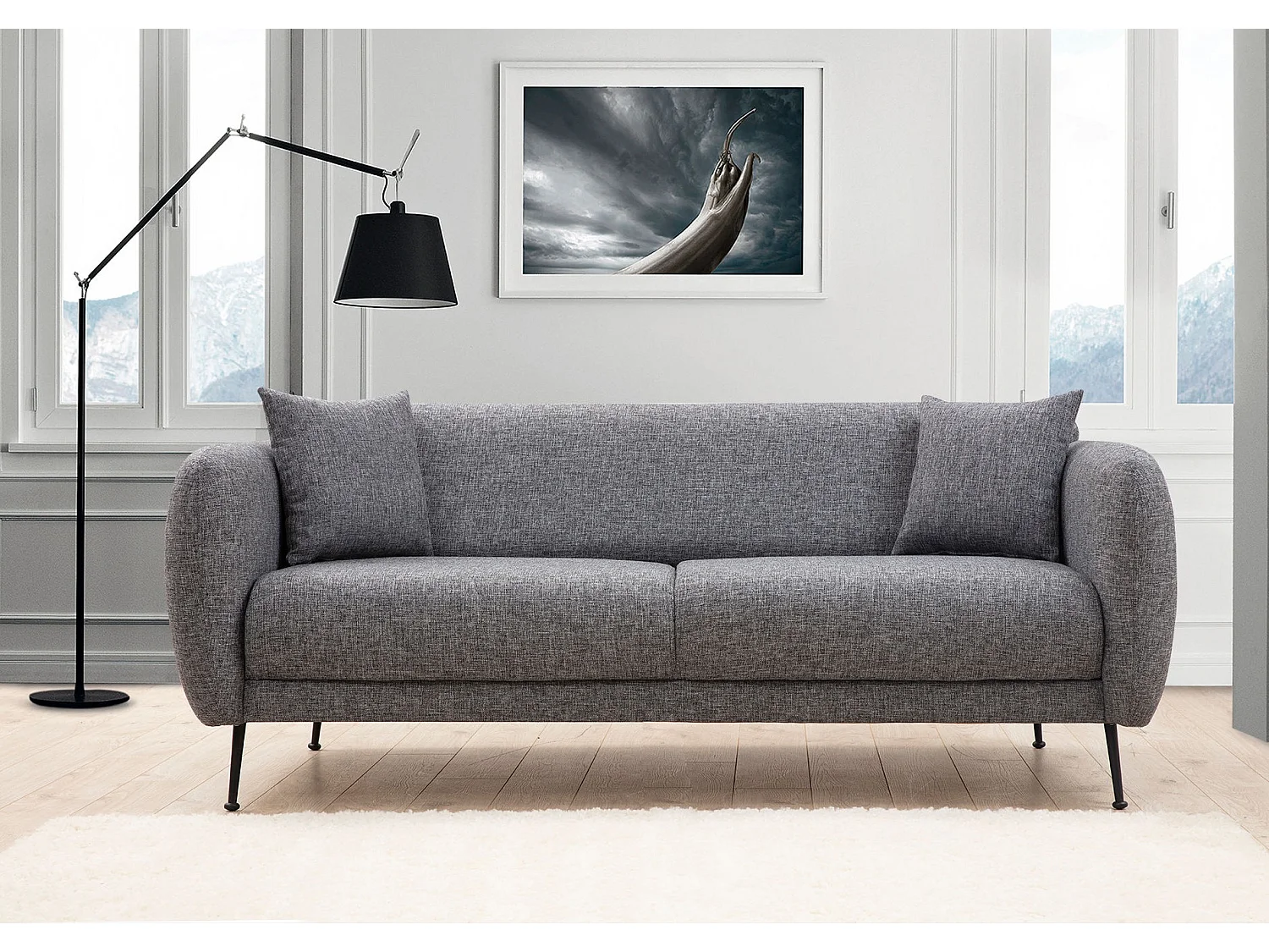 Canapé moderne 3 places tissu gris et pieds métal noir Kezila 214cm