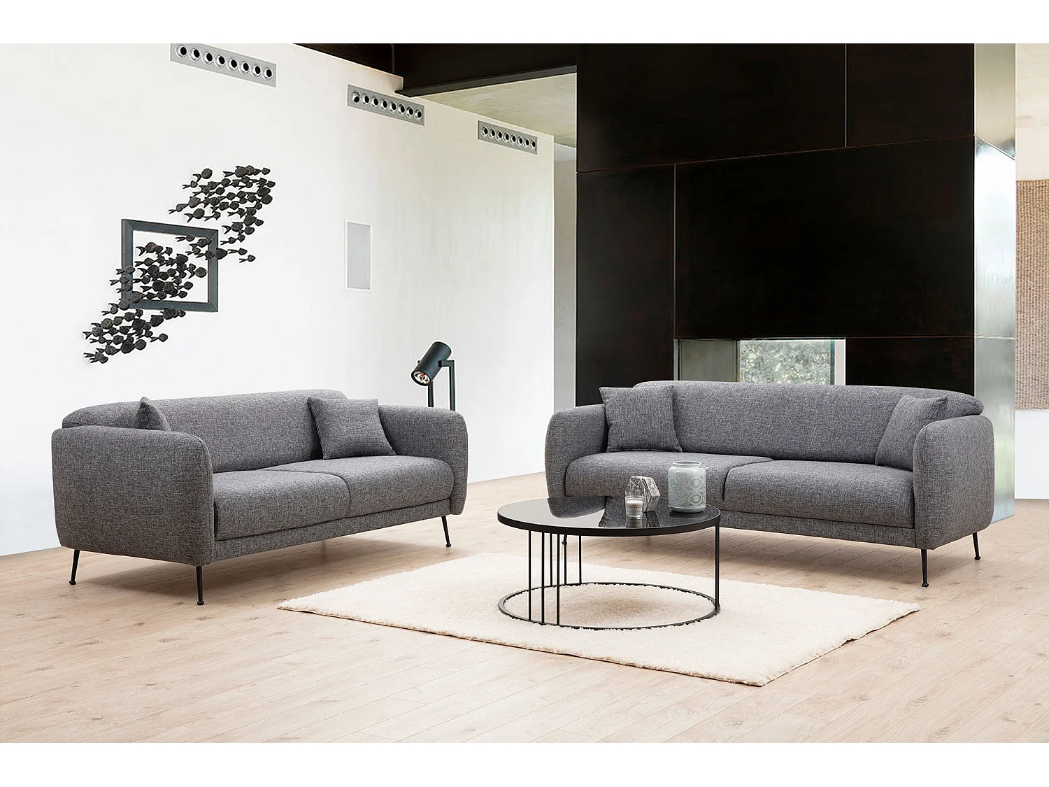 Canapé moderne 3 places tissu gris et pieds métal noir Kezila 214cm