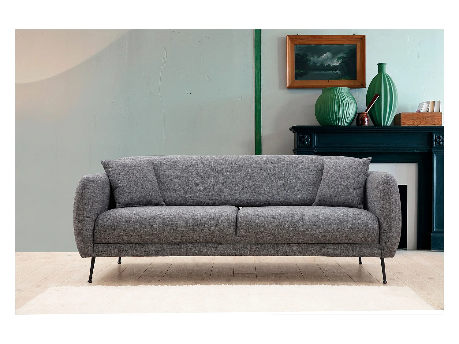 Canapé moderne 3 places tissu gris et pieds métal noir Kezila 214cm