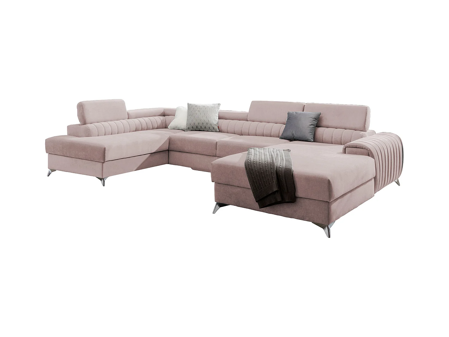 Canapé d'angle U tissu rose clair coffre de rangement à gauche Kalante 347cm