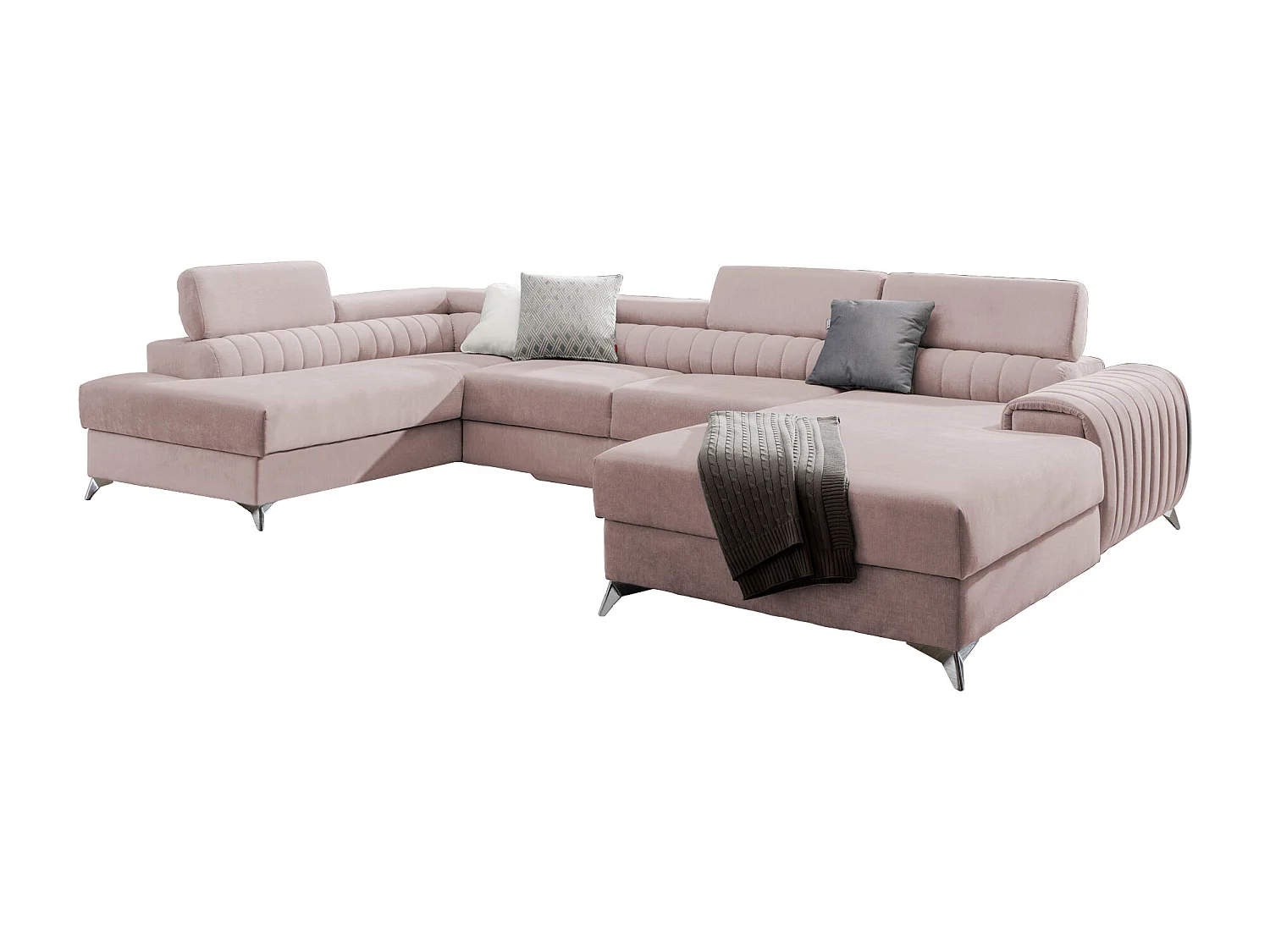 Canapé d'angle U tissu rose clair coffre de rangement à gauche Kalante 347cm