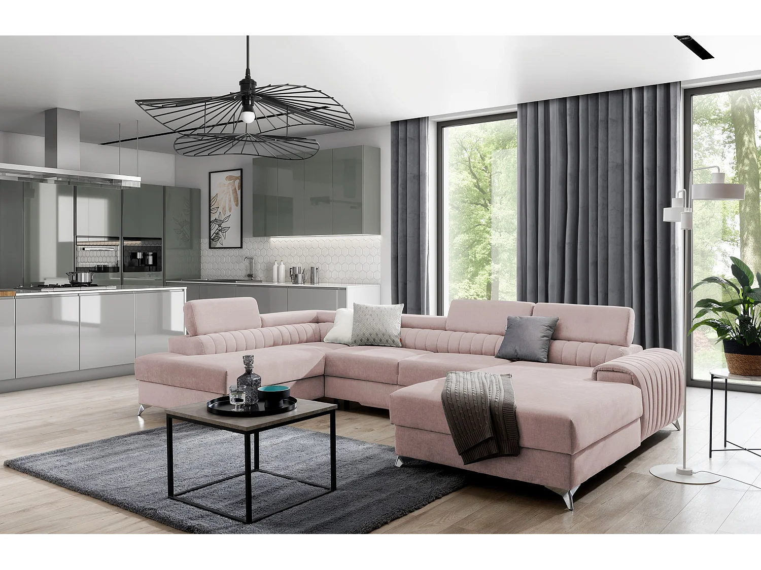 Canapé d'angle U tissu rose clair coffre de rangement à gauche Kalante 347cm