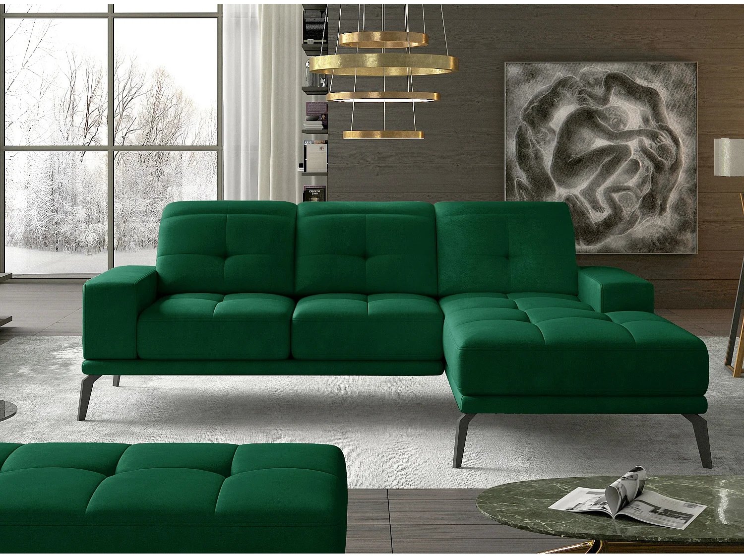 Canapé d'angle droit 5 places velours vert foncé Torpille 265cm