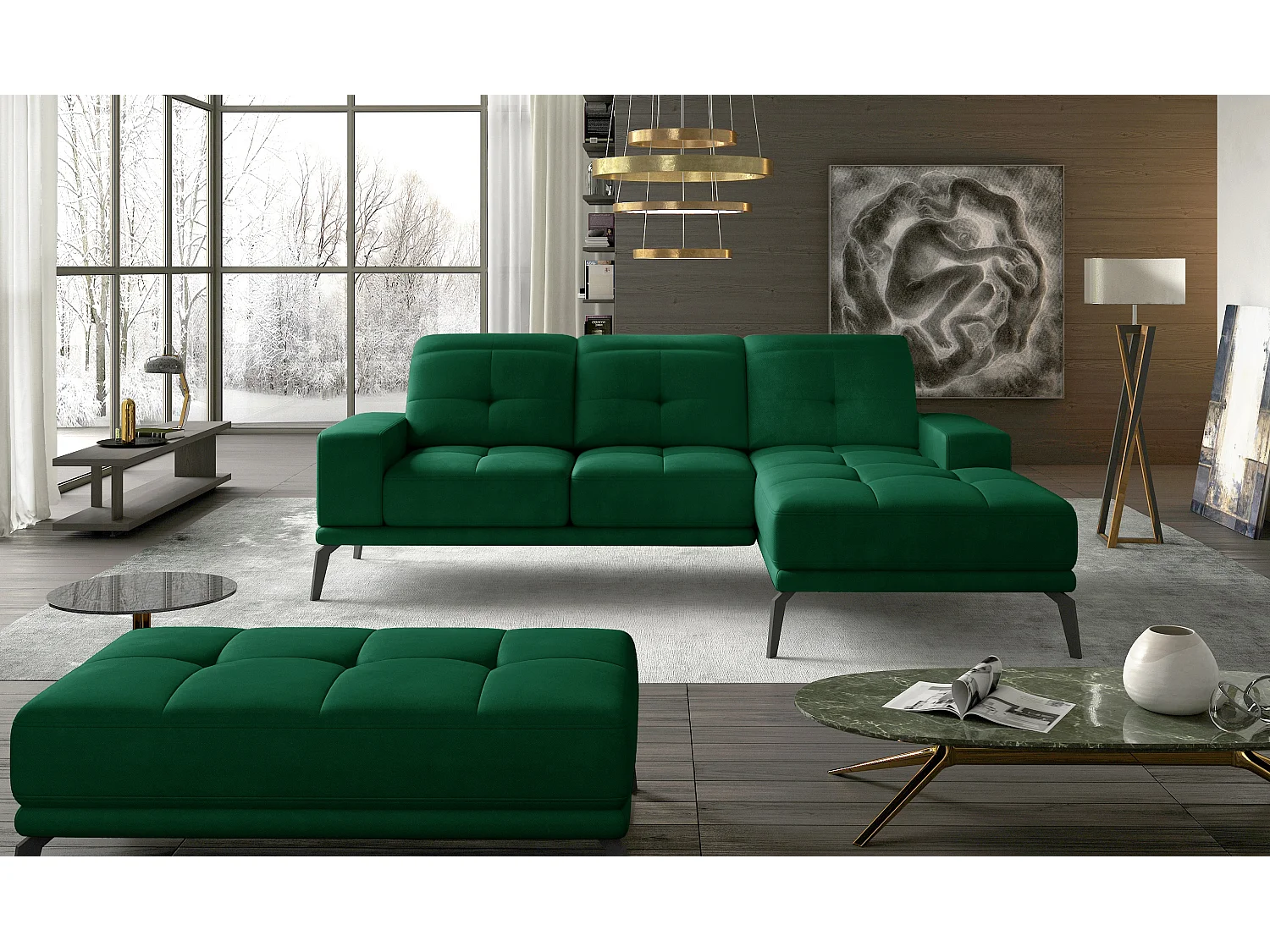 Canapé d'angle droit 5 places velours vert foncé Torpille 265cm