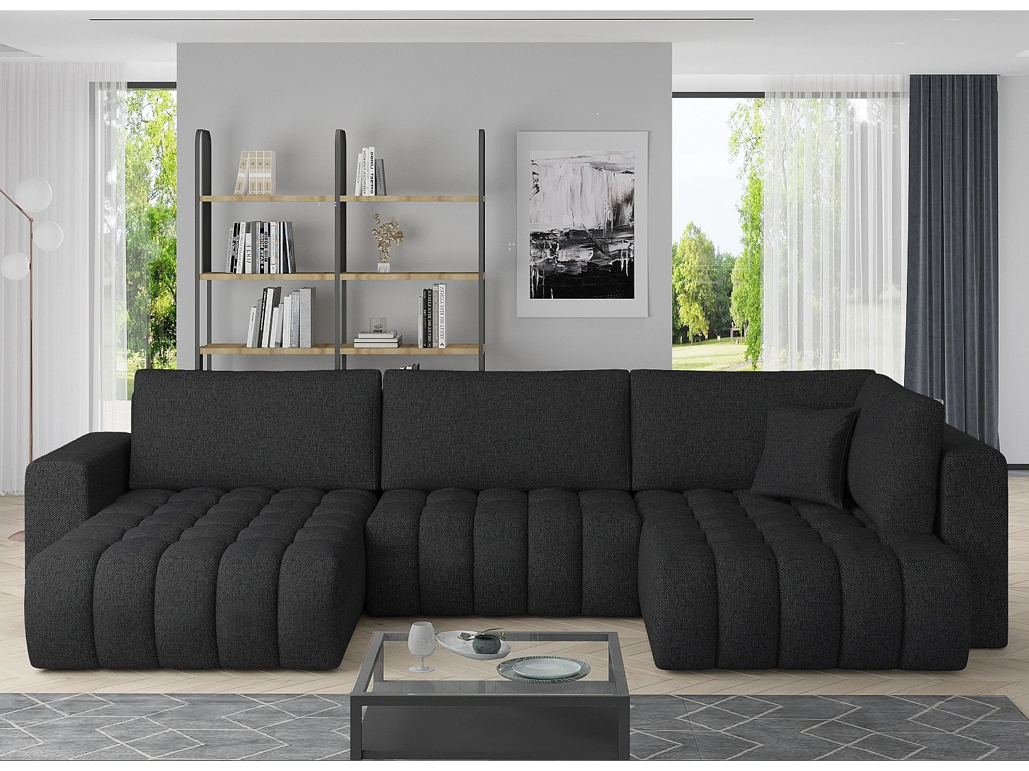 Panoramische converteerbare designbank gecapitonneerd zwarte stof links chaise longue Boston 350 cm