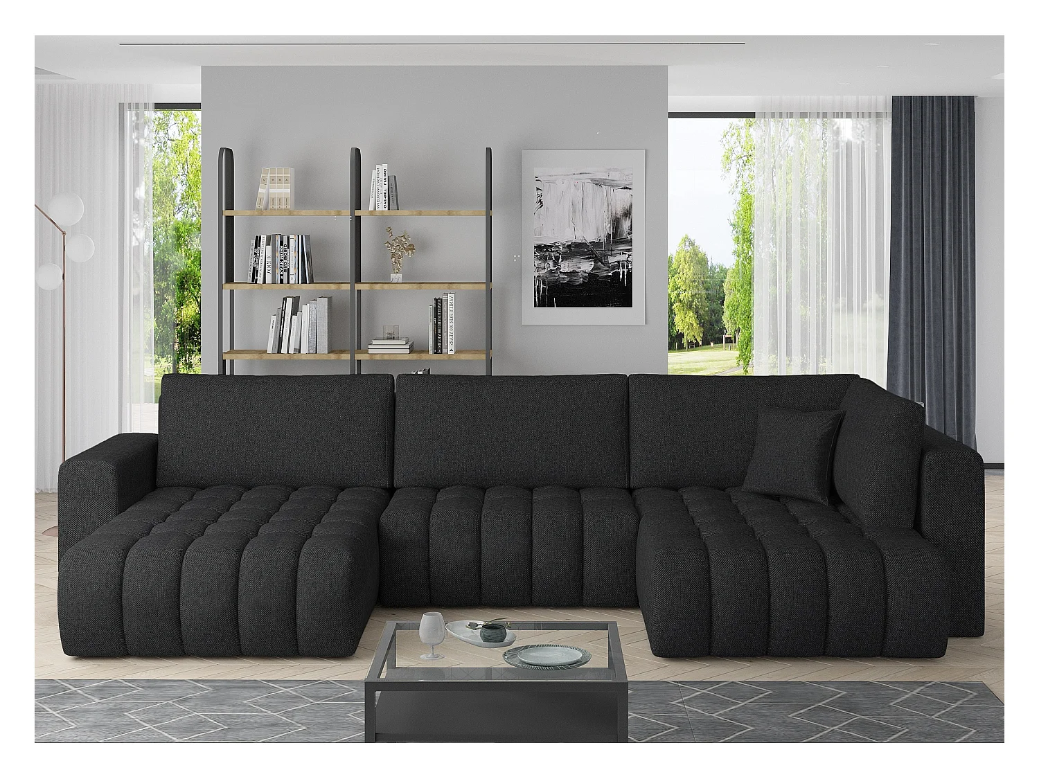 Canapé panoramique convertible design capitonné tissu noir méridienne gauche Boston 350cm