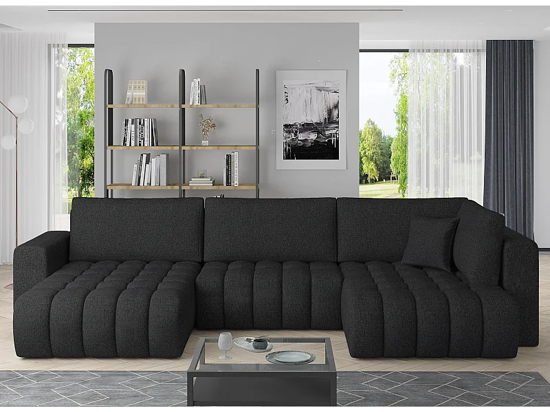 Canapé panoramique convertible design capitonné tissu noir méridienne gauche Boston 350cm